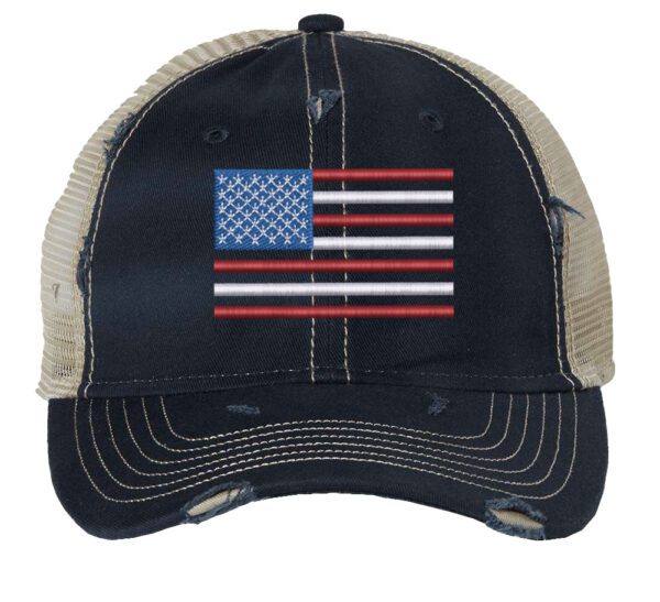 Distressed trucker hat with embroidered American flag design, mesh back panel, and adjustable strap closure