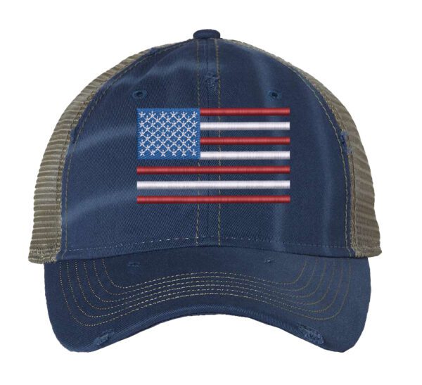 Distressed trucker hat with embroidered American flag design, mesh back panel, and adjustable strap closure