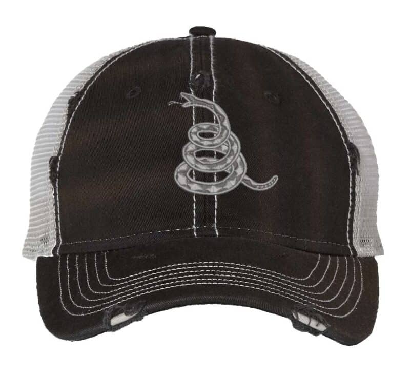 Gadsden 'Don’t Tread On Me' Trucker Hat with embroidered rattlesnake, distressed design, and breathable mesh back, adjustable patriotic cap