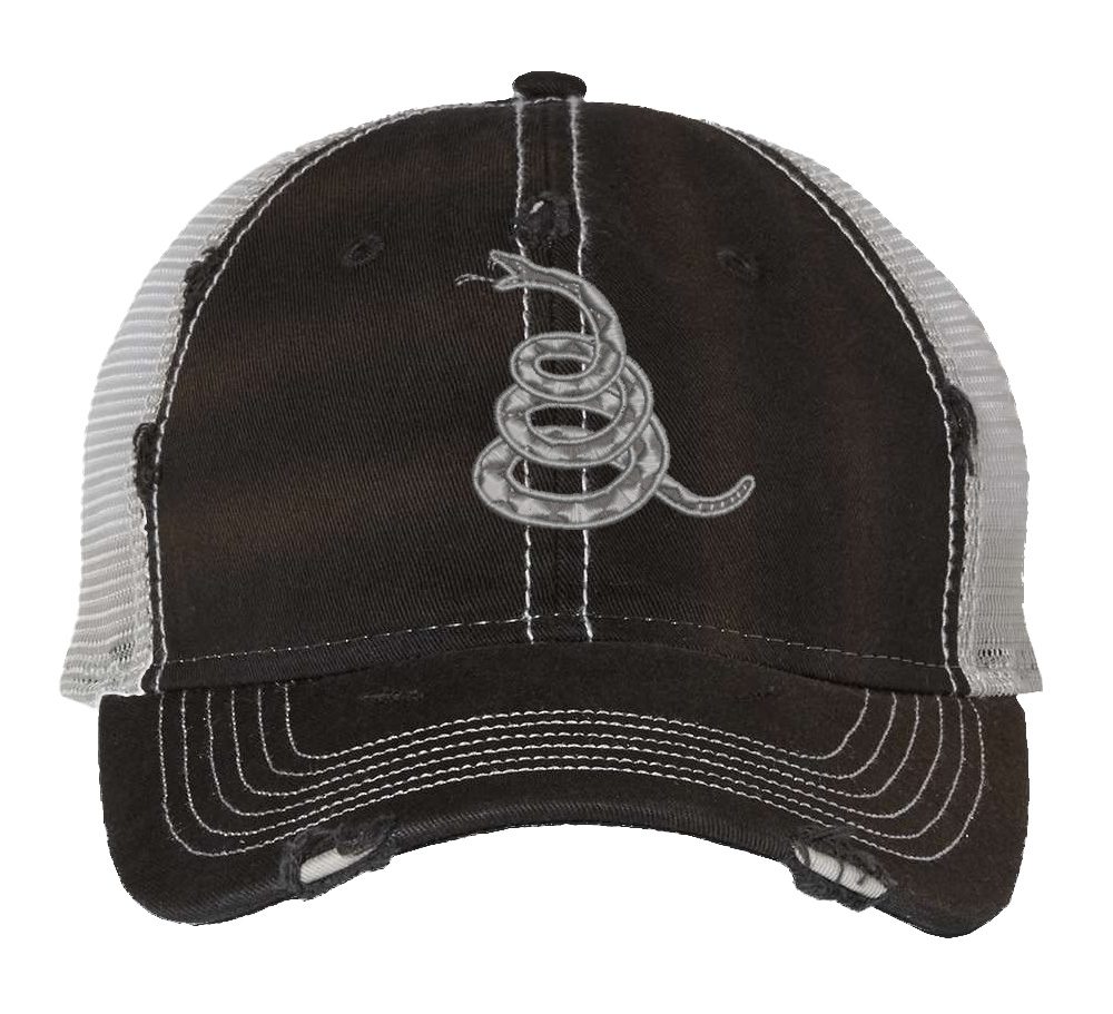 Gadsden 'Don’t Tread On Me' Trucker Hat with embroidered rattlesnake, distressed design, and breathable mesh back, adjustable patriotic cap