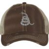 Gadsden 'Don’t Tread On Me' Trucker Hat with embroidered rattlesnake, distressed design, and breathable mesh back, adjustable patriotic cap