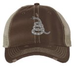 Gadsden 'Don’t Tread On Me' Trucker Hat with embroidered rattlesnake, distressed design, and breathable mesh back, adjustable patriotic cap