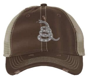 Gadsden 'Don’t Tread On Me' Trucker Hat with embroidered rattlesnake, distressed design, and breathable mesh back, adjustable patriotic cap