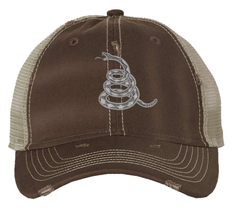 Gadsden 'Don’t Tread On Me' Trucker Hat with embroidered rattlesnake, distressed design, and breathable mesh back, adjustable patriotic cap