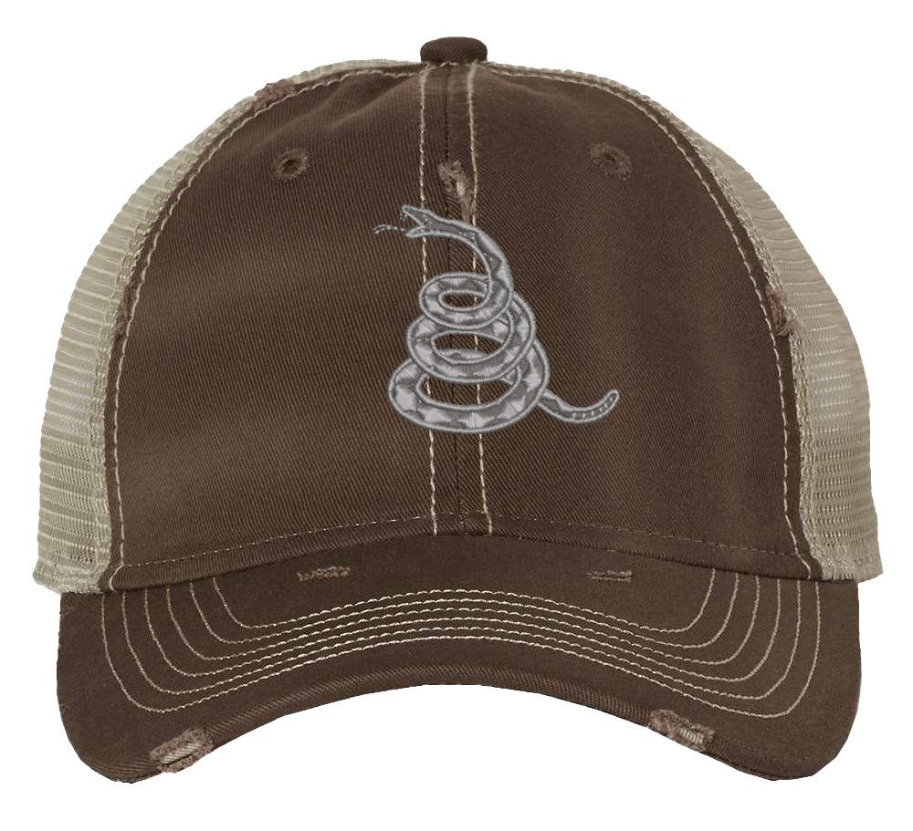 Gadsden 'Don’t Tread On Me' Trucker Hat with embroidered rattlesnake, distressed design, and breathable mesh back, adjustable patriotic cap
