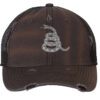 Gadsden 'Don’t Tread On Me' Trucker Hat with embroidered rattlesnake, distressed design, and breathable mesh back, adjustable patriotic cap