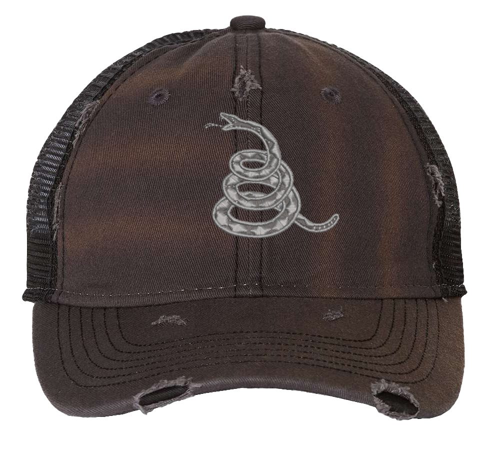 Gadsden 'Don’t Tread On Me' Trucker Hat with embroidered rattlesnake, distressed design, and breathable mesh back, adjustable patriotic cap