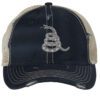 Gadsden 'Don’t Tread On Me' Trucker Hat with embroidered rattlesnake, distressed design, and breathable mesh back, adjustable patriotic cap