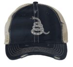 Gadsden 'Don’t Tread On Me' Trucker Hat with embroidered rattlesnake, distressed design, and breathable mesh back, adjustable patriotic cap