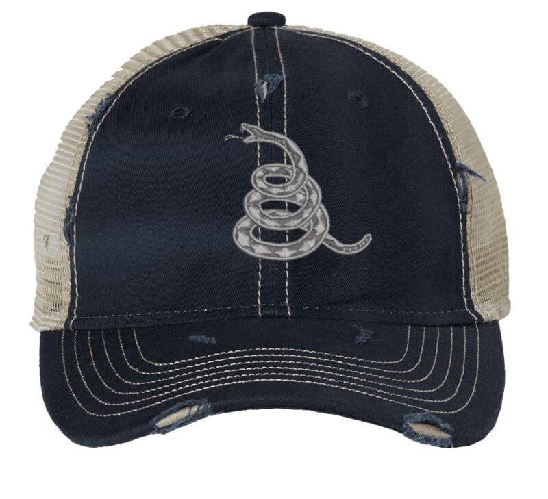 Gadsden 'Don’t Tread On Me' Trucker Hat with embroidered rattlesnake, distressed design, and breathable mesh back, adjustable patriotic cap