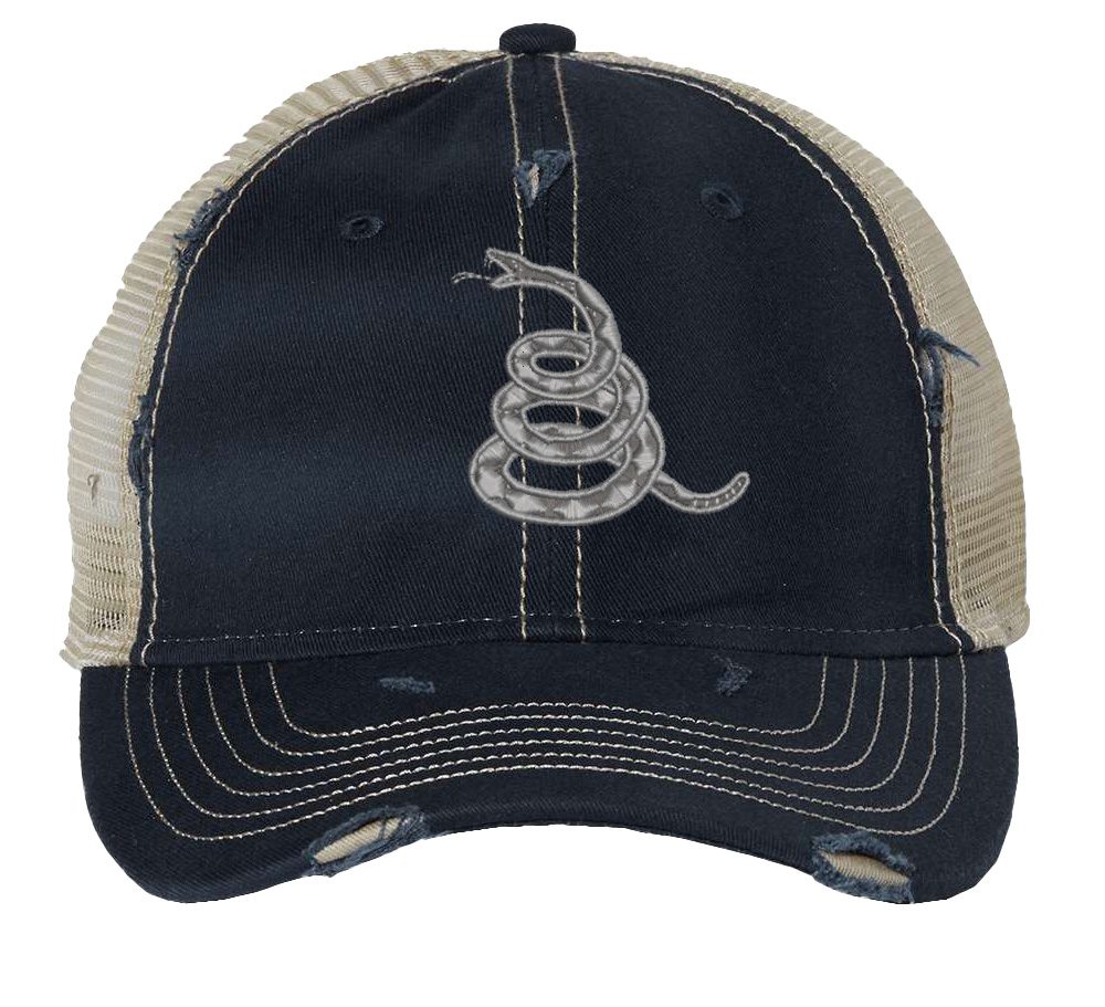 Gadsden 'Don’t Tread On Me' Trucker Hat with embroidered rattlesnake, distressed design, and breathable mesh back, adjustable patriotic cap