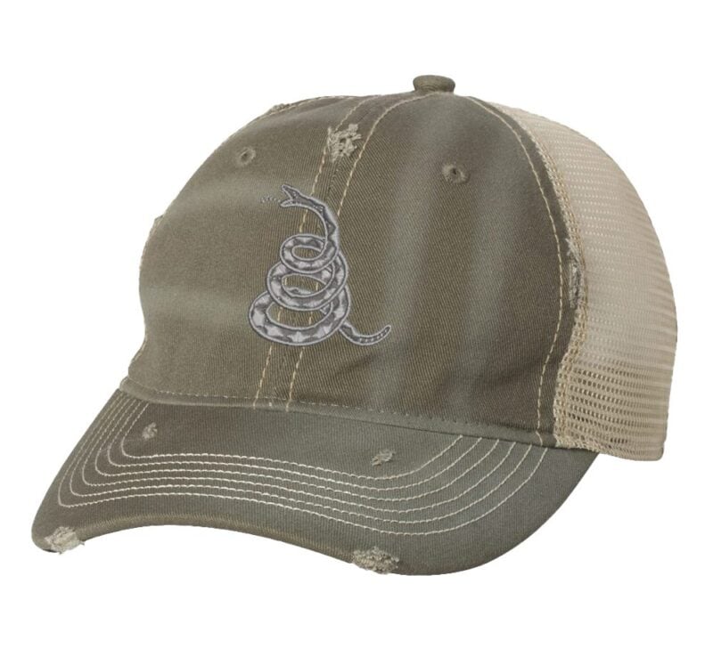 Gadsden trucker hat with embroidered rattlesnake and distressed front