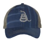 Gadsden 'Don’t Tread On Me' Trucker Hat with embroidered rattlesnake, distressed design, and breathable mesh back, adjustable patriotic cap