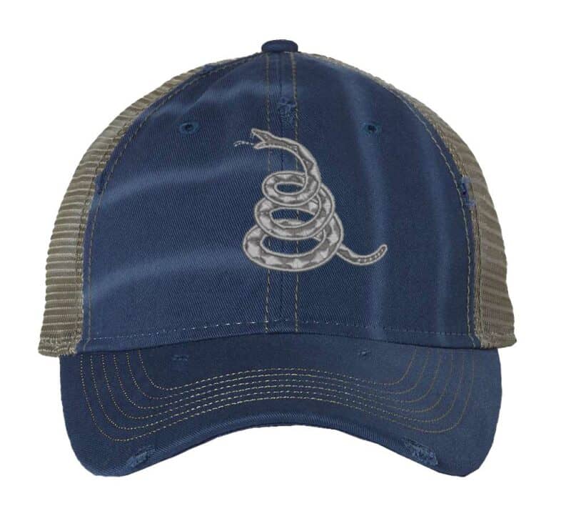 Gadsden 'Don’t Tread On Me' Trucker Hat with embroidered rattlesnake, distressed design, and breathable mesh back, adjustable patriotic cap