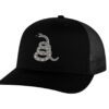 Gadsden 'Don’t Tread On Me' Trucker Hat with embroidered rattlesnake, classic design, and breathable mesh back, adjustable snapback patriotic cap