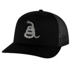 Gadsden 'Don’t Tread On Me' Trucker Hat with embroidered rattlesnake, classic design, and breathable mesh back, adjustable snapback patriotic cap
