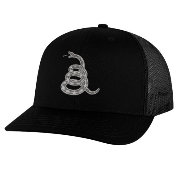 Gadsden 'Don’t Tread On Me' Trucker Hat with embroidered rattlesnake, classic design, and breathable mesh back, adjustable snapback patriotic cap