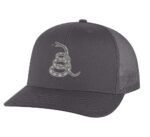 Gadsden 'Don’t Tread On Me' Trucker Hat with embroidered rattlesnake, classic design, and breathable mesh back, adjustable snapback patriotic cap