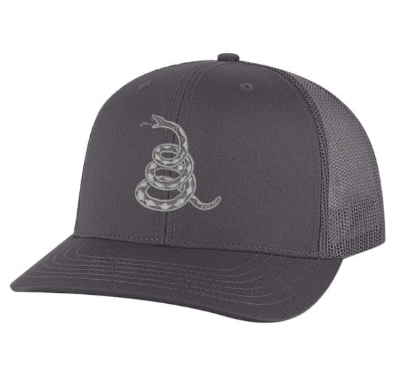Gadsden 'Don’t Tread On Me' Trucker Hat with embroidered rattlesnake, classic design, and breathable mesh back, adjustable snapback patriotic cap