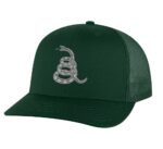 Gadsden 'Don’t Tread On Me' Trucker Hat with embroidered rattlesnake, classic design, and breathable mesh back, adjustable snapback patriotic cap