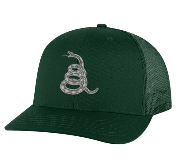 Gadsden 'Don’t Tread On Me' Trucker Hat with embroidered rattlesnake, classic design, and breathable mesh back, adjustable snapback patriotic cap