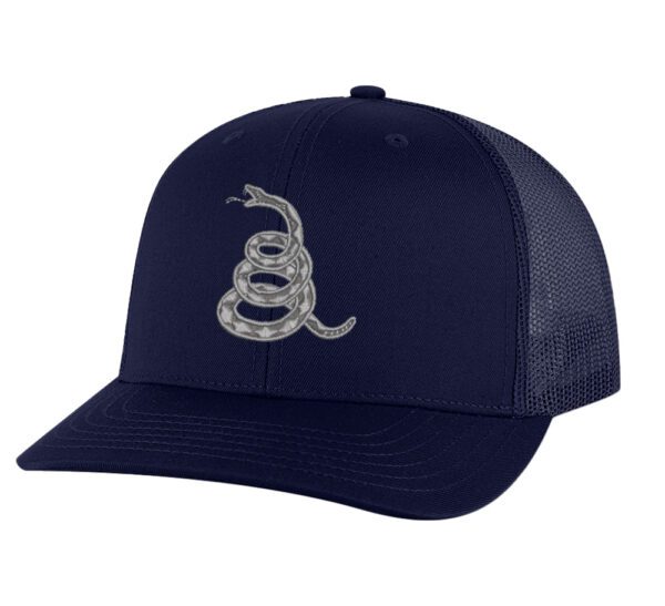 Gadsden 'Don’t Tread On Me' Trucker Hat with embroidered rattlesnake, classic design, and breathable mesh back, adjustable snapback patriotic cap