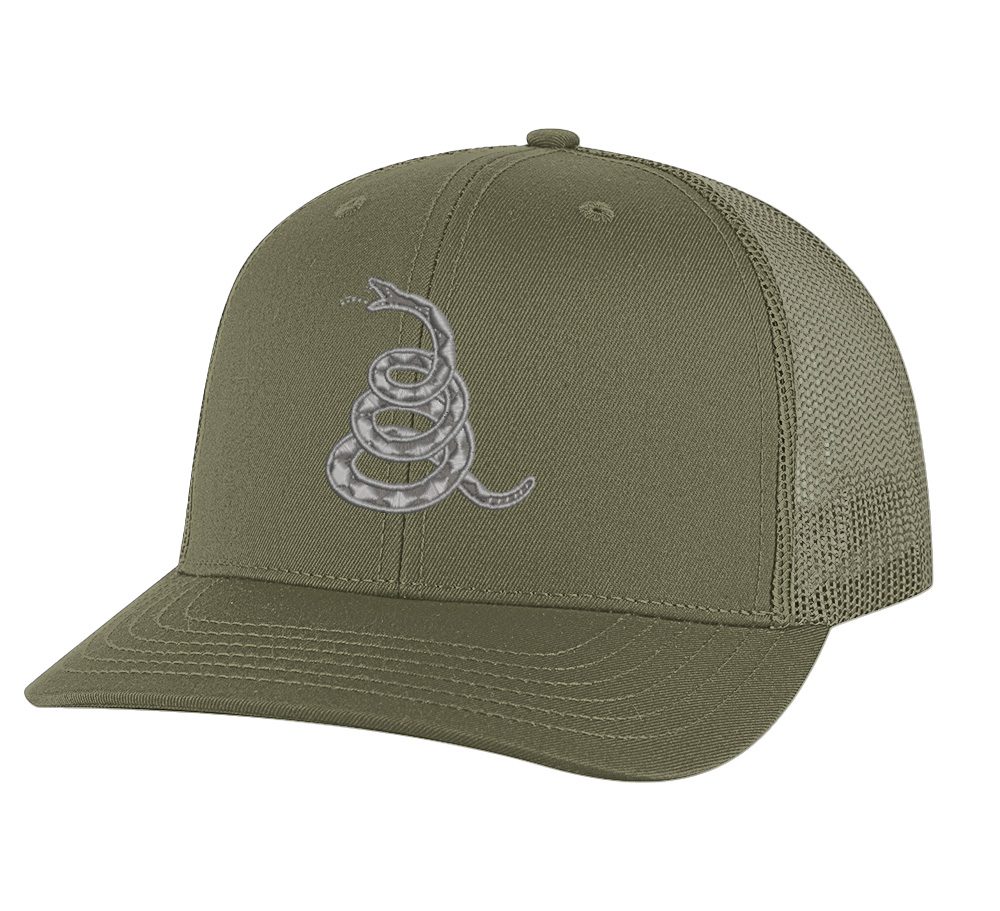 Gadsden 'Don’t Tread On Me' Trucker Hat with embroidered rattlesnake, classic design, and breathable mesh back, adjustable snapback patriotic cap