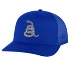 Gadsden 'Don’t Tread On Me' Trucker Hat with embroidered rattlesnake, classic design, and breathable mesh back, adjustable snapback patriotic cap