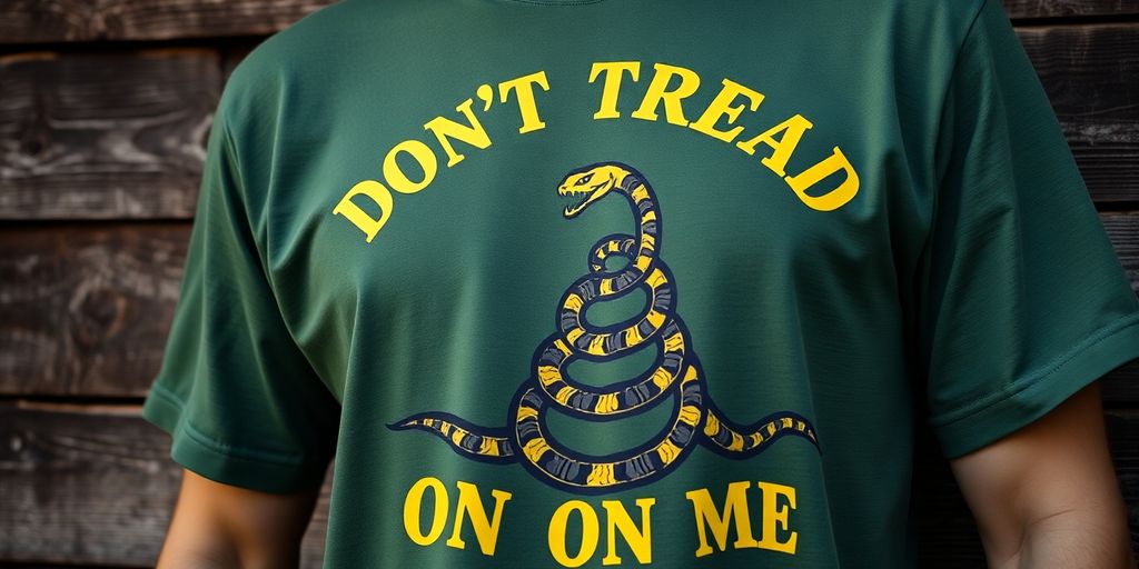 Close-up of a Don't Tread on Me T-shirt design.