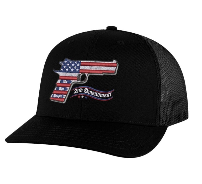2nd Amendment patriotic trucker hat with American flag gun embroidery and mesh snapback closure