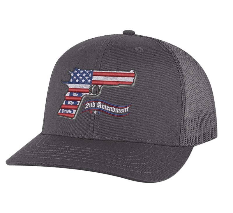 2nd Amendment trucker hat with embroidered American flag gun, snapback mesh cap for gun rights supporters.