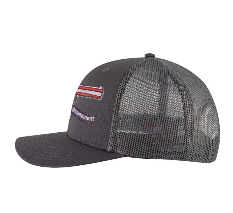2nd Amendment trucker hat with embroidered American flag gun, snapback mesh cap for gun rights supporters.