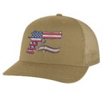 2nd Amendment trucker hat with embroidered American flag gun, snapback mesh cap for gun rights supporters.