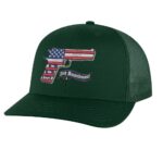 2nd Amendment trucker hat with embroidered American flag gun, snapback mesh cap for gun rights supporters.