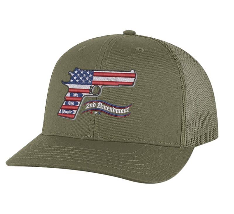 2nd Amendment trucker hat with embroidered American flag gun, snapback mesh cap for gun rights supporters.