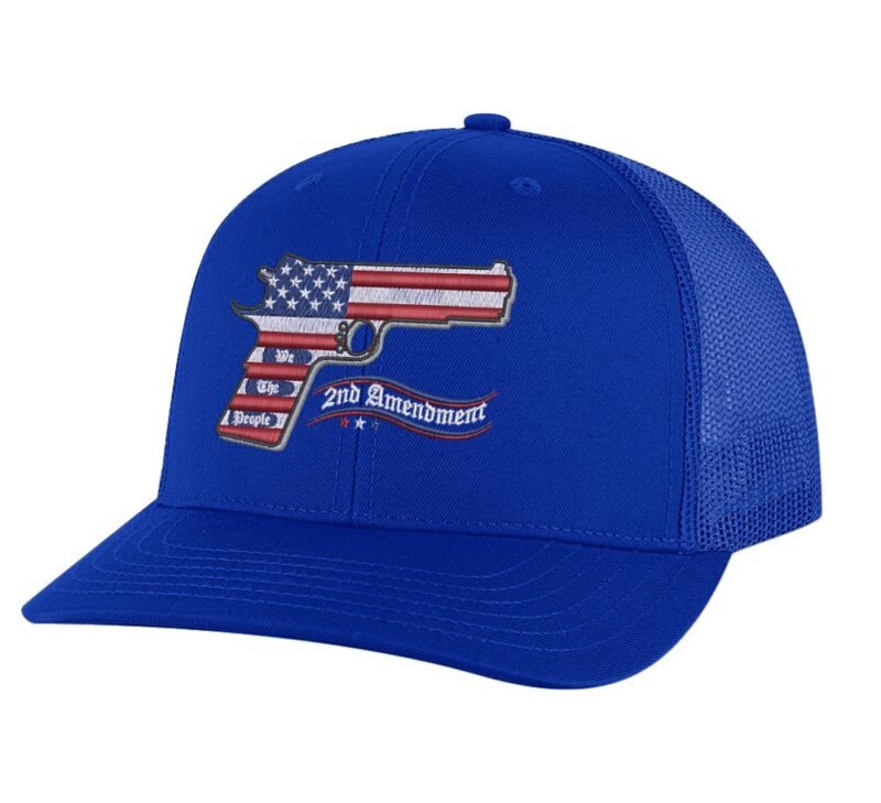 2nd Amendment trucker hat with embroidered American flag gun, snapback mesh cap for gun rights supporters.