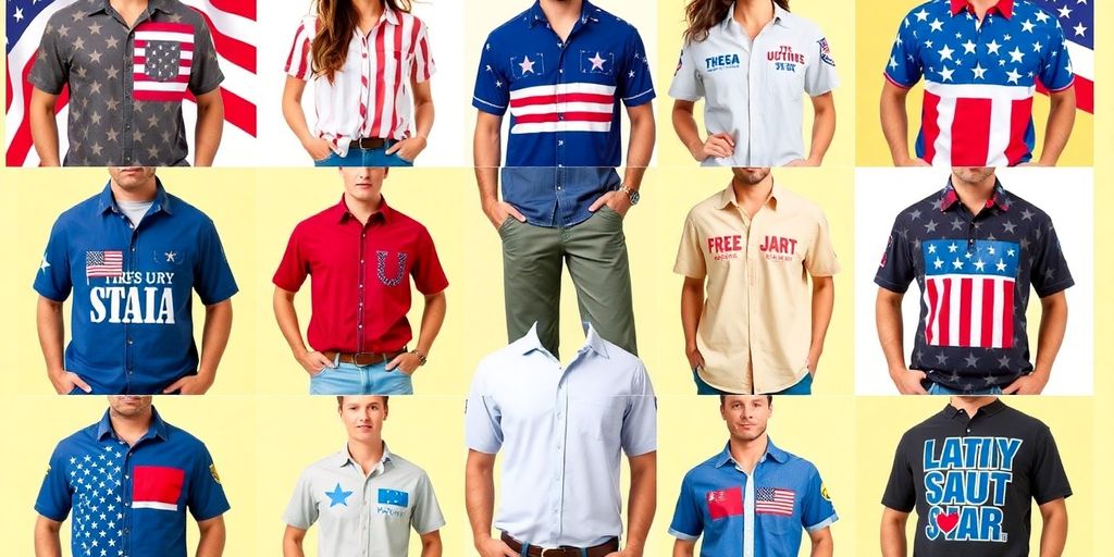 Variety of patriotic shirts in festive outdoor settings.
