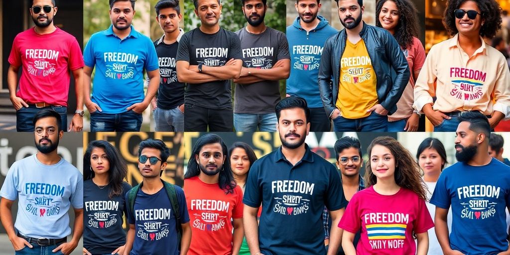 Diverse people wearing colorful freedom shirts in various settings.