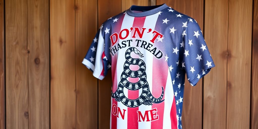 Unique Don't Tread on Me shirt displayed on wooden background.