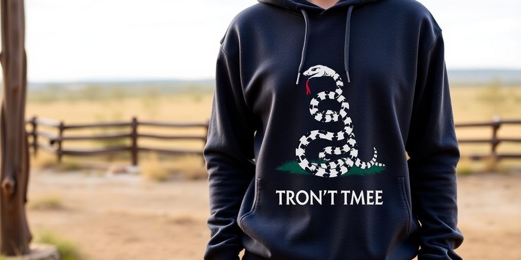 Don't Tread On Me sweatshirt displayed outdoors.