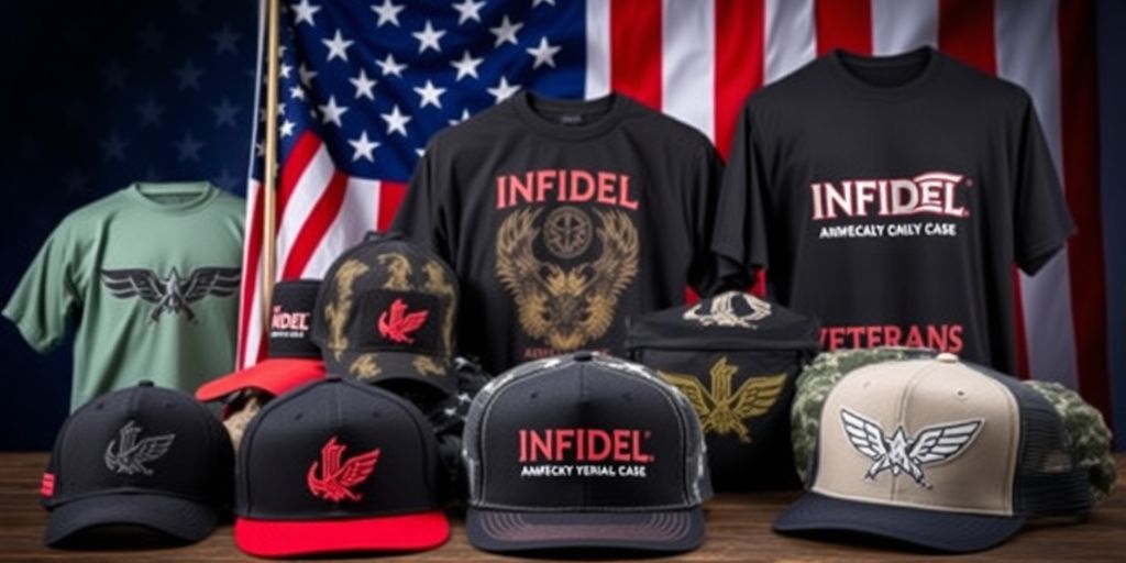 Infidel gear displayed with patriotic colors and designs.