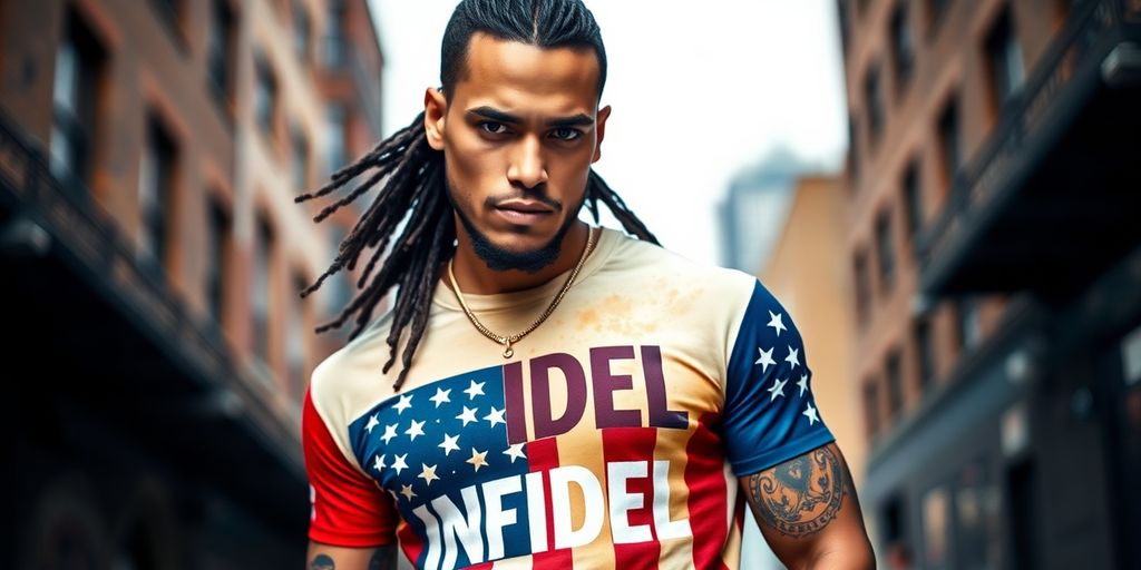 Model wearing Infidel Clothing in a bold urban setting.