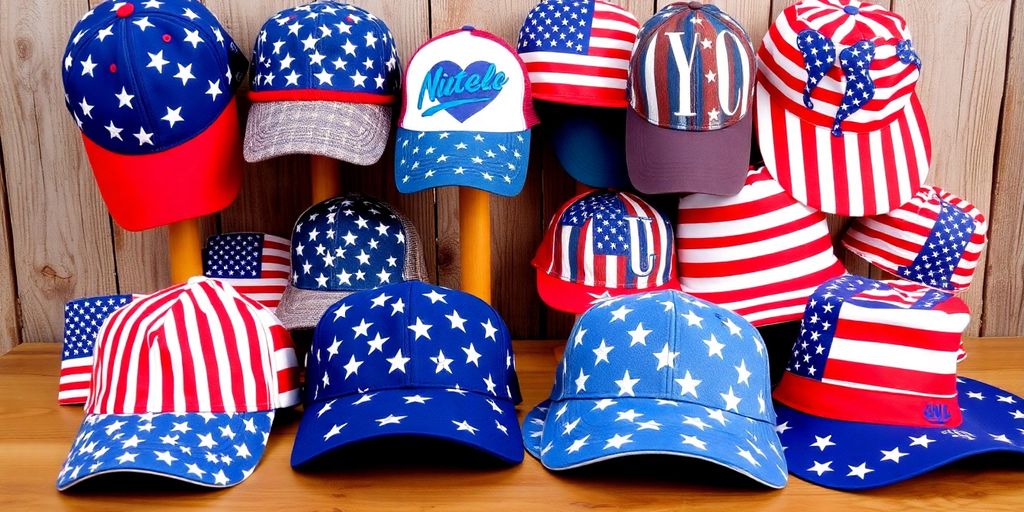 Colorful American flag hats in different styles.