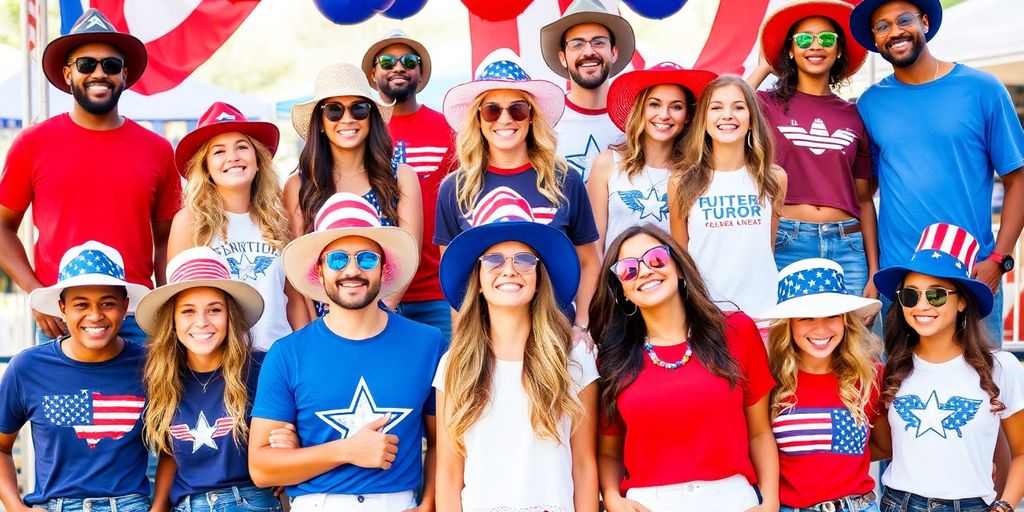 Models wearing patriotic apparel in a festive celebration.