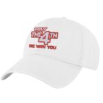 May the 4th Be With You Star Wars themed white baseball cap with embroidered red text.