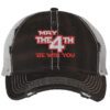 Fourth of July trucker hat with 'May the 4th Be With You' embroidery, mesh back, and distressed front.
