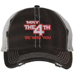 Fourth of July trucker hat with 'May the 4th Be With You' embroidery, mesh back, and distressed front.
