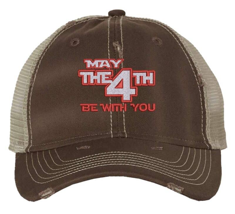 May the 4th be with you baseball cap, Star Wars themed hat, patriotic gift for fans of sci-fi and American holidays.