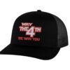 4th of July trucker hat with 'May the 4th Be With You' embroidery, mesh back, and snapback closure.