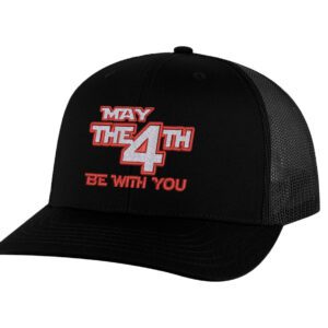 4th of July trucker hat with 'May the 4th Be With You' embroidery, mesh back, and snapback closure.
